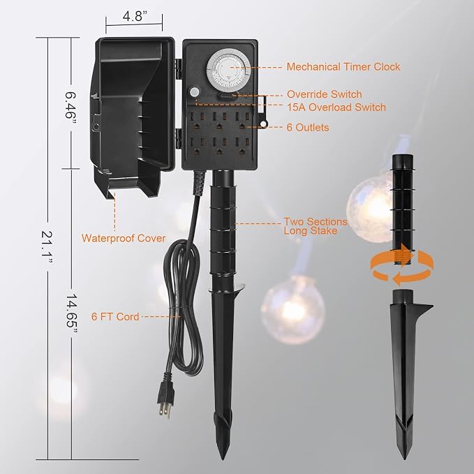 SURAIELEC Outdoor Power Stake, 24-Hour Mechanical Light Timer, Electrical Power - Image 7