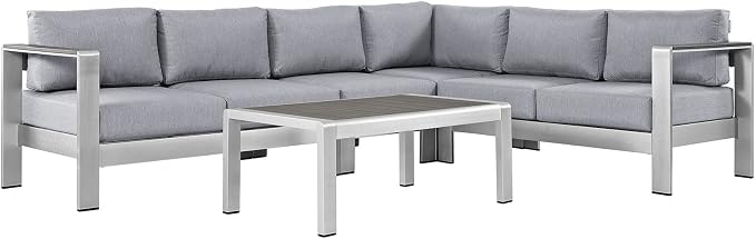 Modway Shore 5-Piece Aluminum Outdoor Patio Sectional Sofa Set in Silver Gray by Modway