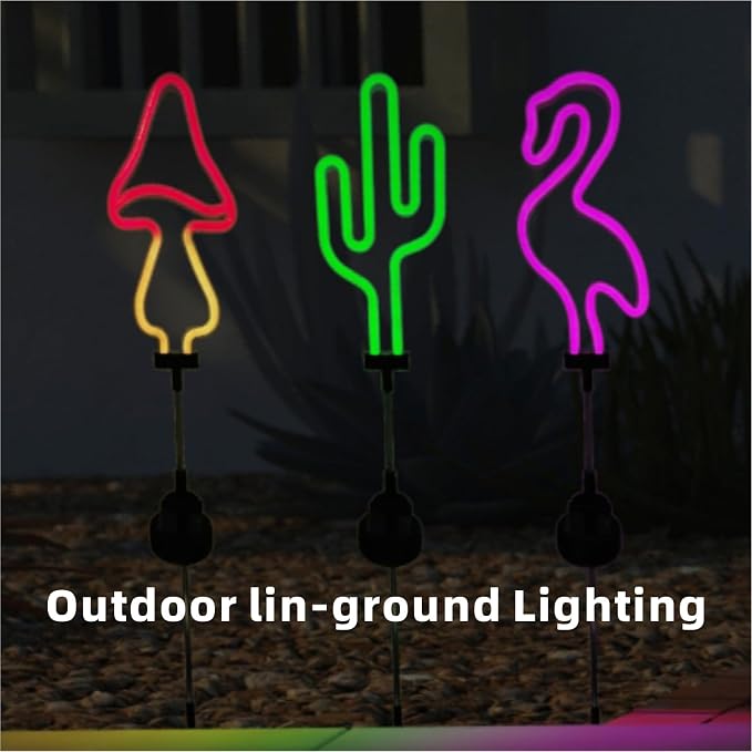 Flamingo Cactus and Mushroom Solar Garden Stake Lights Outdoor Waterproof Neon - Image 6