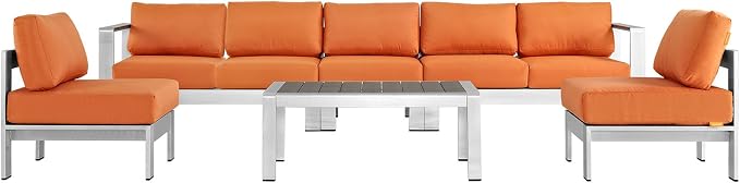 Modway Shore 6-Piece Aluminum Outdoor Patio Sectional Sofa Set in Silver Orange - Image 3
