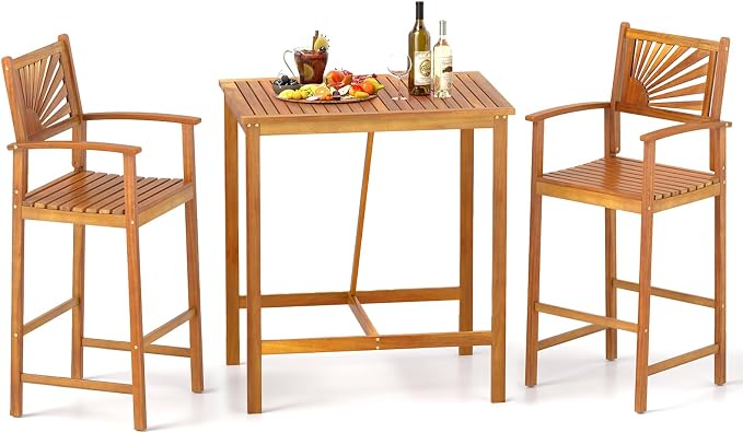 Tangkula 3 Piece Patio Bar Table & Chairs, Outdoor Acacia Wood Bar Set by TANGKULA