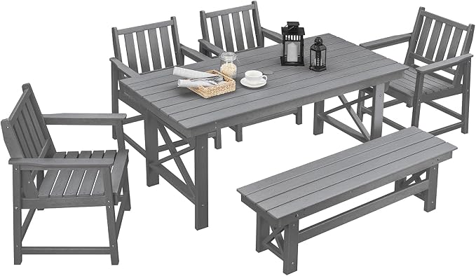 HDPE Outdoor Dining Set of 6, Patio Dining Table Set by SeeHill