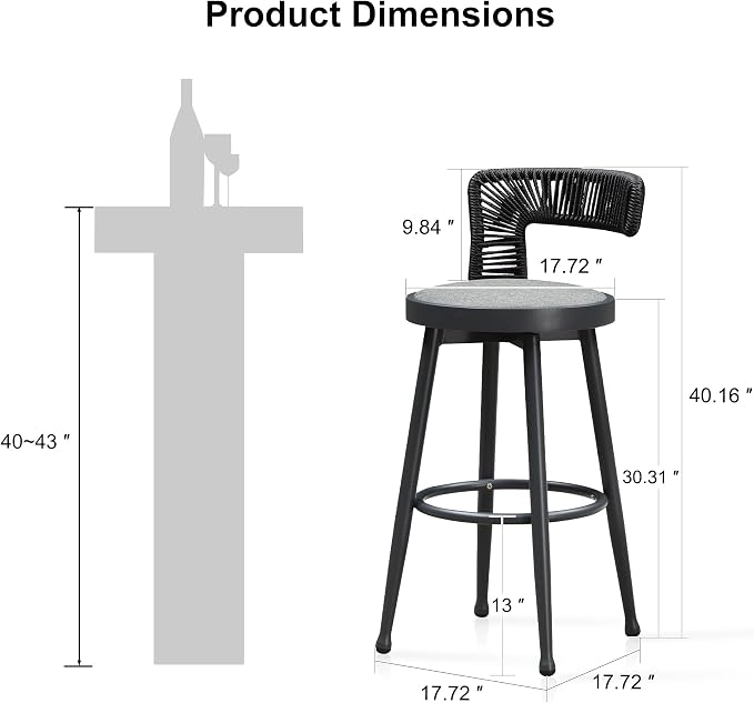 PURPLE LEAF Outdoor Swivel Bar Height Stools Set of 2 Metal Modern Wicker Bar - Image 2
