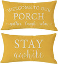 PANDICORN Welcome to Our Porch Stay Awhile Yellow Farmhouse Outdoor Lumbar by PANDICORN