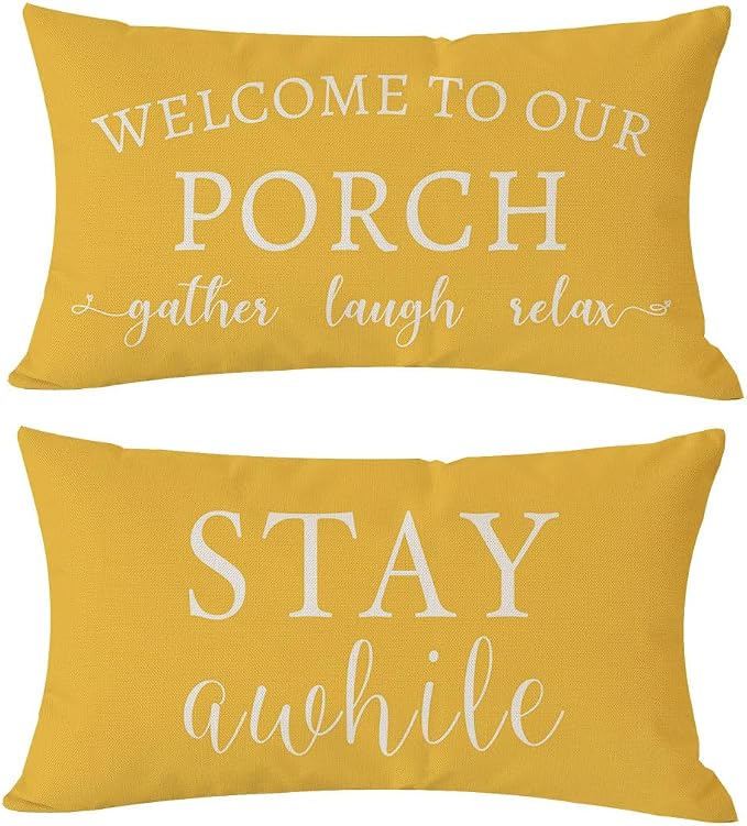 PANDICORN Welcome to Our Porch Stay Awhile Yellow Farmhouse Outdoor Lumbar by PANDICORN