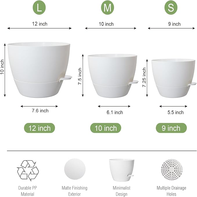 Large Self Watering Pots, 12/10/9 Plastic Planters - Image 3