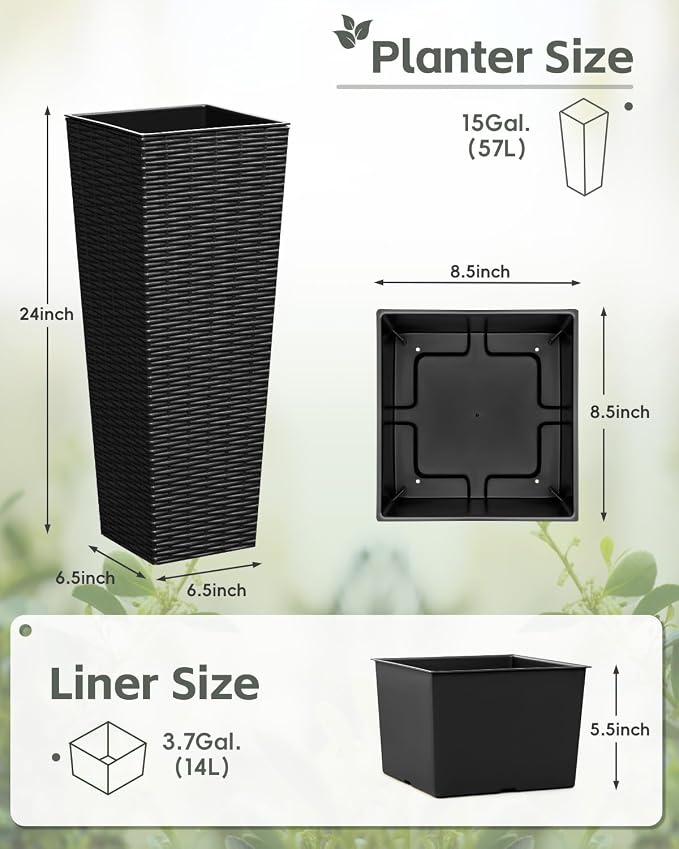 Greesum 24 Inch Tall Plastic Planters, Detachable Inner Pot & Drainage Holes - Image 7