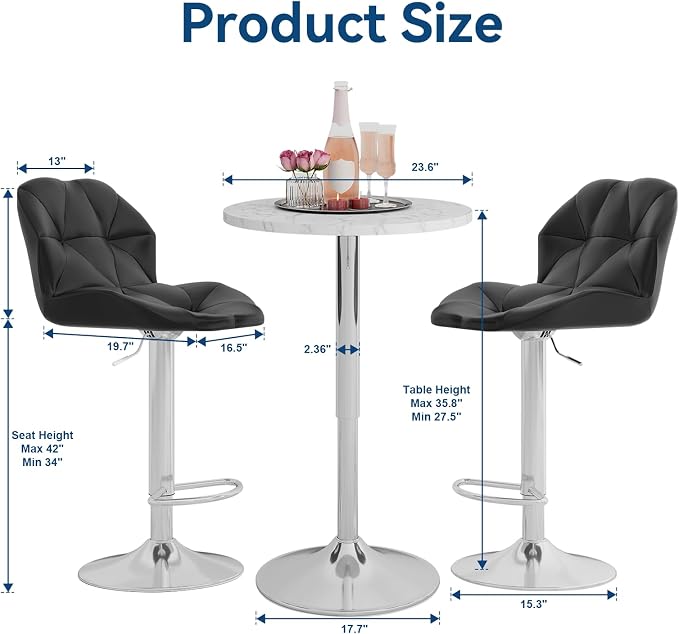 ARTETHYS Bar Table Set of 3 Adjustable Round Desk and 2 Swivel Pub Stools - Image 5