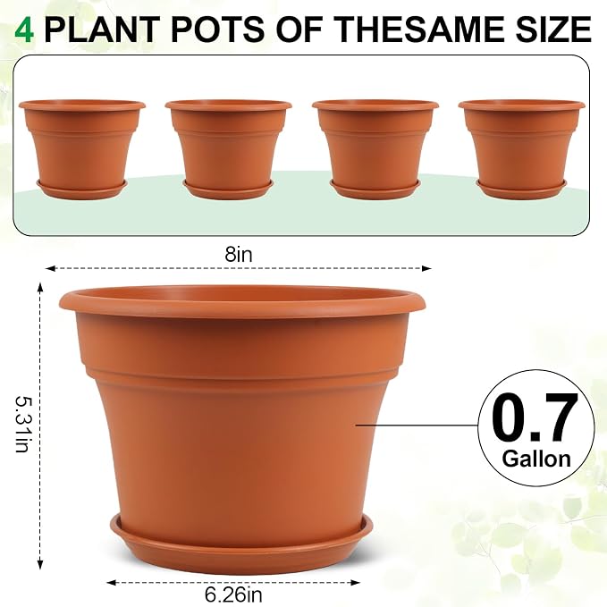 8 Inch Plastic-Flower Pot-for-Indoor Plants, 4 Pack Large Outdoor Planter Pot - Image 3