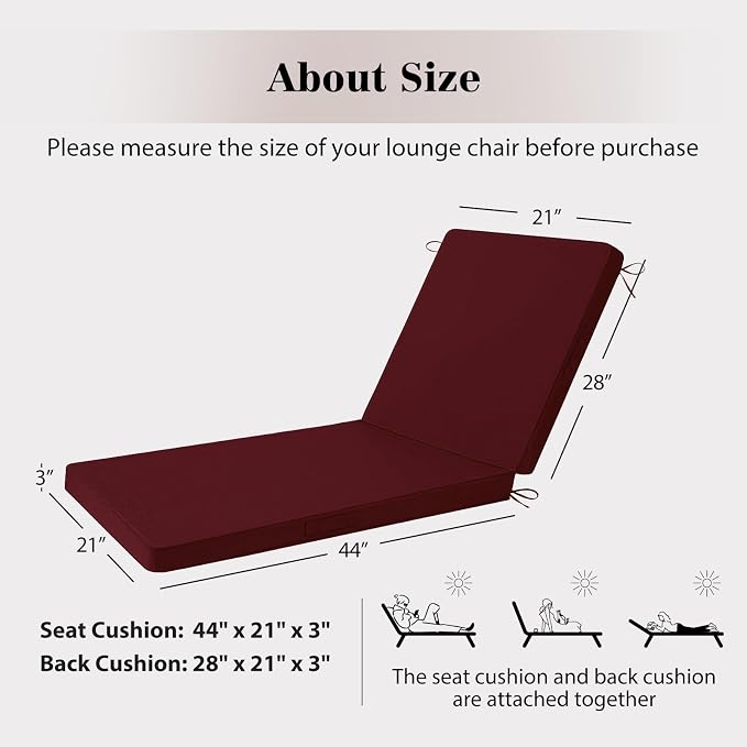 Chaise Lounge Cushions Outdoor, 4 Adjustable Ties Lounge Chair Cushions - Image 5