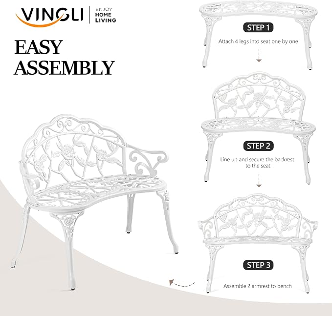 VINGLI 38.5" Patio Park Garden Outdoor Metal Rose Bench, 2-Person Cast Iron - Image 6