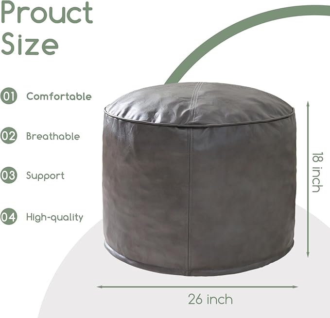 HIGOGOGO Round Stuffed Pouf Ottoman, Pu Leather Poufs - Image 2