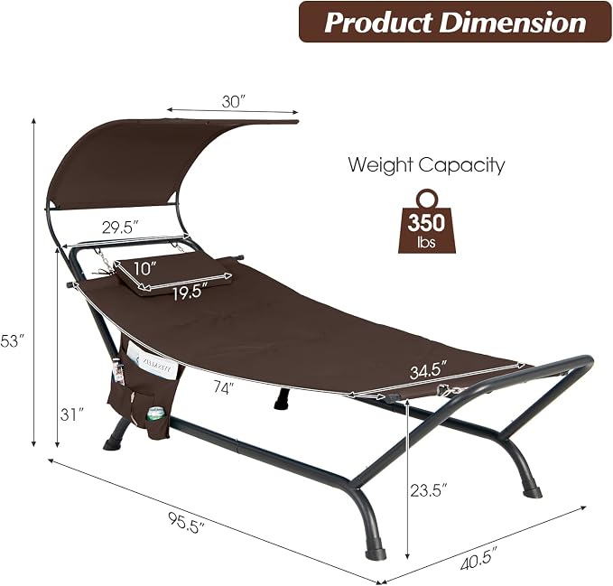 Giantex Hanging Hammock with Stand, Patio Hanging Chaise Lounge Chair w/Canopy - Image 7