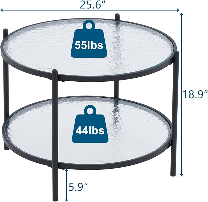 VINGLI 25.6" Small Matte Black Round Coffee Table Water-Wave Glass Circle Clear - Image 2
