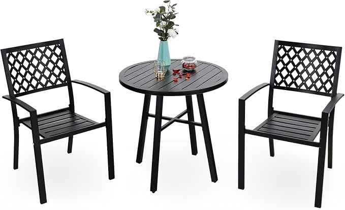 PHI VILLA 3 Piece Outdoor Bistro Dining Set, Metal Steel Round Table & Stacking by PHIVILLAThepioneerofcomfortablehouseholdsupplies