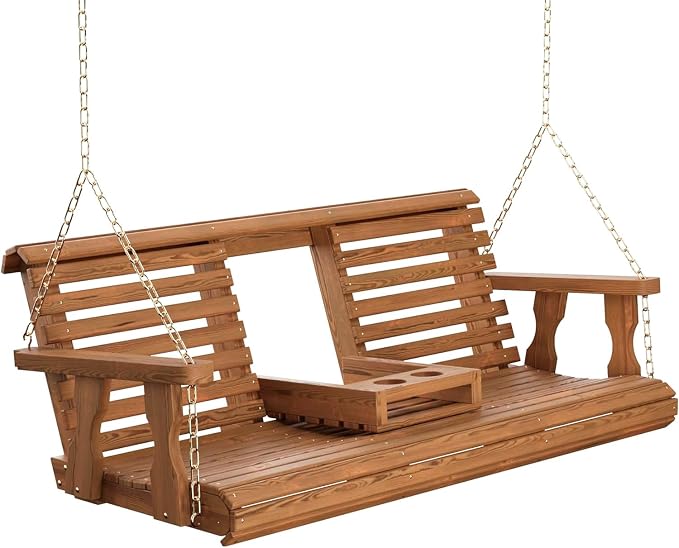 5 Ft Wooden Porch Swing with Flip Cup Holder, Swing Chair Bench with Hanging by Unknown