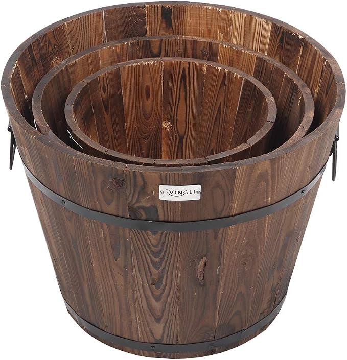 VINGLI 3 PCS Large Wooden Planter Barrel Set, 11.5"- 18" Real Wood - Image 8