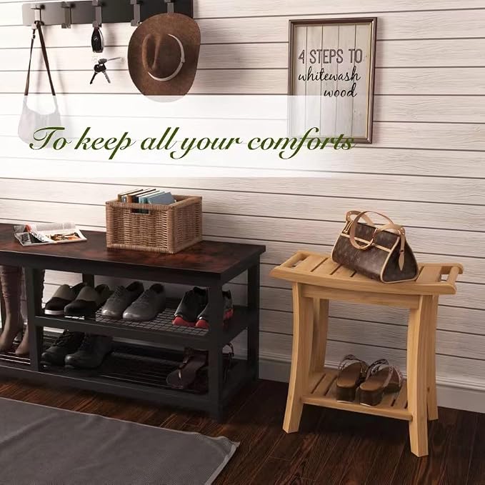Bamboo Shower Bench with Storage Shelf, Wooden Spa Bath Deluxe Organizer Shower - Image 7