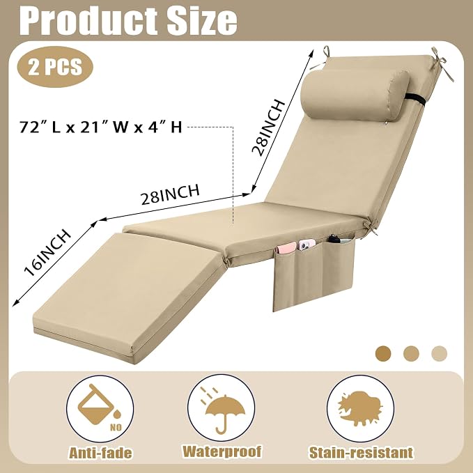 RattanView 2 Pcs Outdoor Chaise Lounge Cushion - Image 2