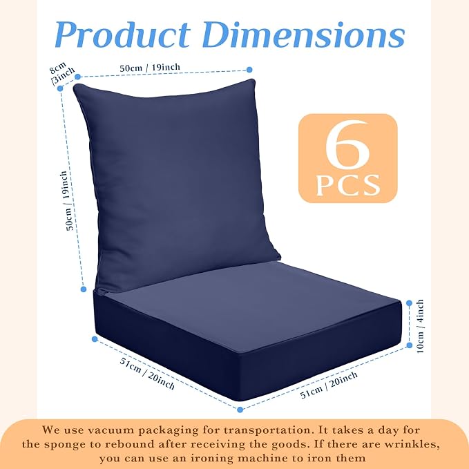 Hoteam 6 Set Outdoor Chair Cushions 20 x 20 Inch Patio Cushions Deep Seat - Image 2