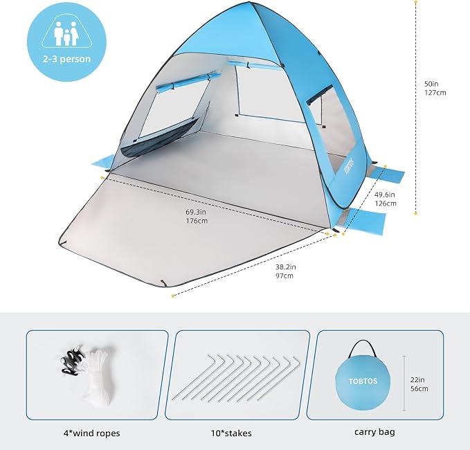 TOBTOS UPF 50+ Pop Up Beach Tent, Easy Set Up Beach Umbrella, Sun Shelter - Image 2