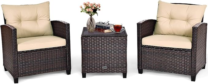 Tangkula 3 Pieces Patio Furniture Set, PE Rattan Wicker 3 Pcs Outdoor Sofa Set by TANGKULA