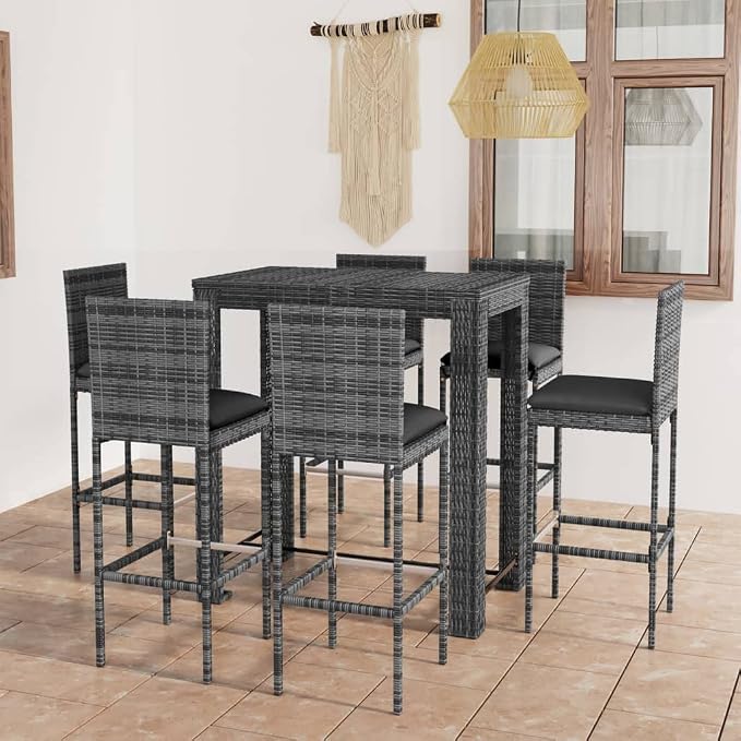 vidaXL Patio Bar Set with Cushions, Poly Rattan Gray - Image 4