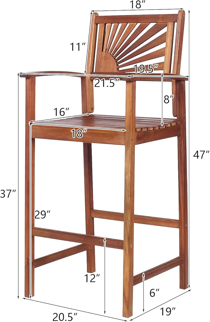 COSTWAY Bar Stools Set of 4, Outdoor Acacia Wood Bar Chairs - Image 3