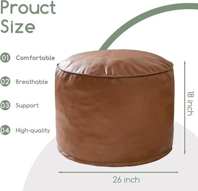 HIGOGOGO Round Stuffed Pouf Ottoman, Pu Leather Poufs - Image 2