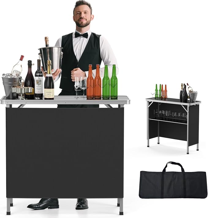 VINGLI Portable Bar Table, 2-Tier Shelves, Mobile Bar Table by VINGLI