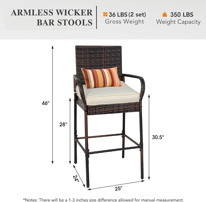 Sundale Outdoor Wicker Bar Stool Set of 2, Patio Counter Height Pub Chair - Image 3