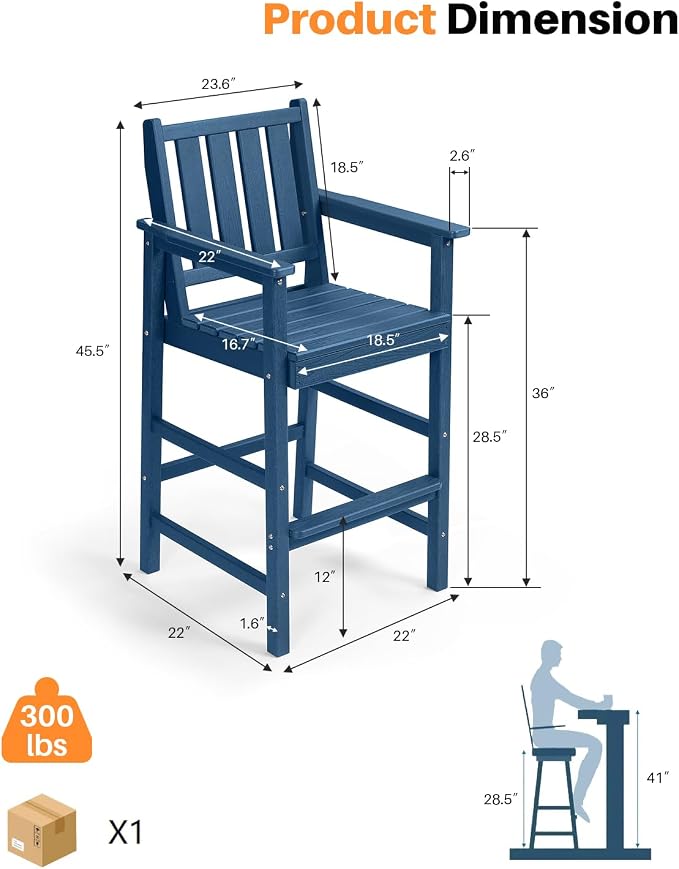 Adirondack Bar Chair Set of 2, HDPE Tall Adirondack Chairs Bar Stools - Image 4