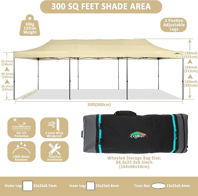 COBIZI 10x30 Pop Up Canopy Without Sidewall, Heavy Duty Canopy UPF 50+ All - Image 4