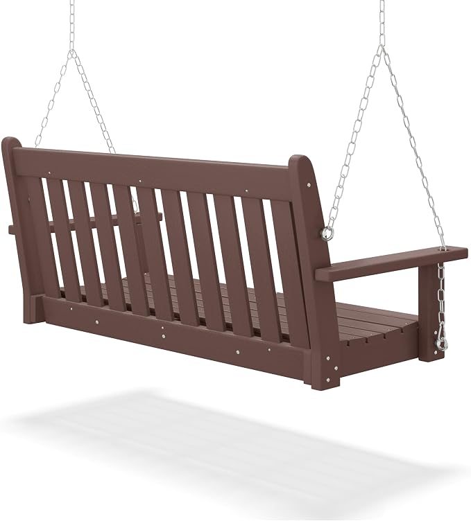 COSTAELM Paradise Outdoor Patio HDPE Hanging Front Porch Swing Bench, Dark Brown - Image 4