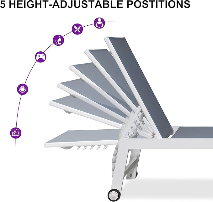 PURPLE LEAF Oversize Chaise Lounge Chair Outdoor 2 Pieces White Aluminum Lounge - Image 7