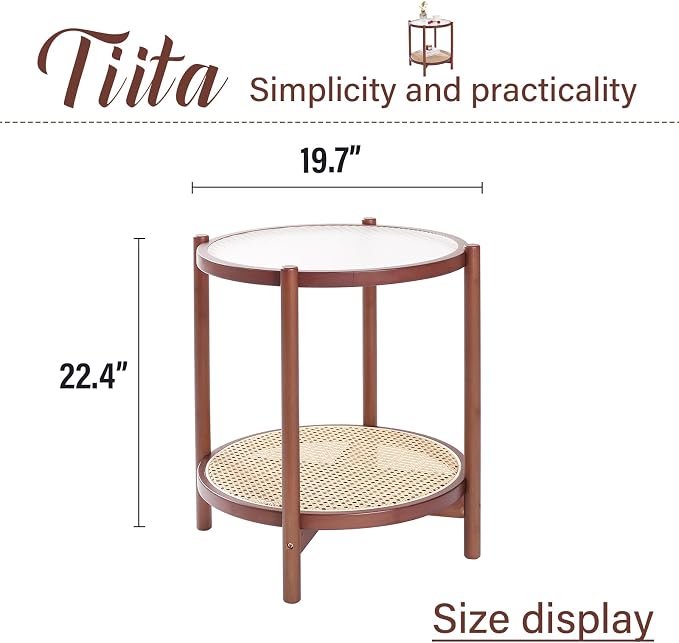 Tiita Rattan Nightstand Side Table, Bamboo Accent Bedside Tables, Glass Coffee - Image 3