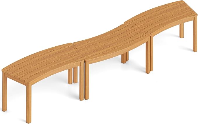 Tangkula Acacia Wood Outdoor Curved Bench Set of 3, Patio Garden Backless Fire - Image 9