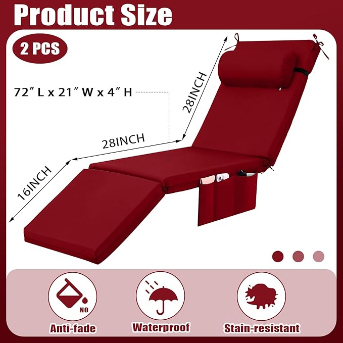 RattanView 2 Pcs Outdoor Chaise Lounge Cushion - Image 3