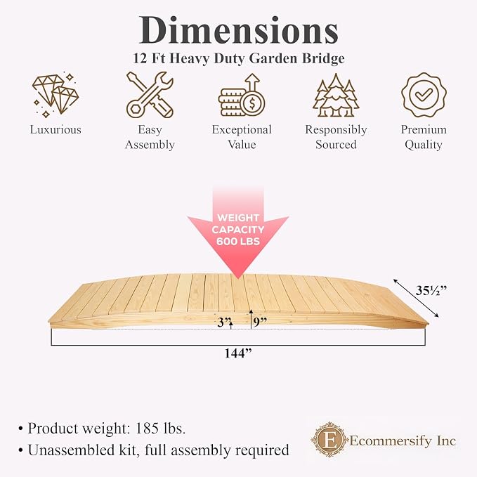 12 FT NATURAL Amish Made Pinewood Heavy Duty Garden Bridge - Image 2