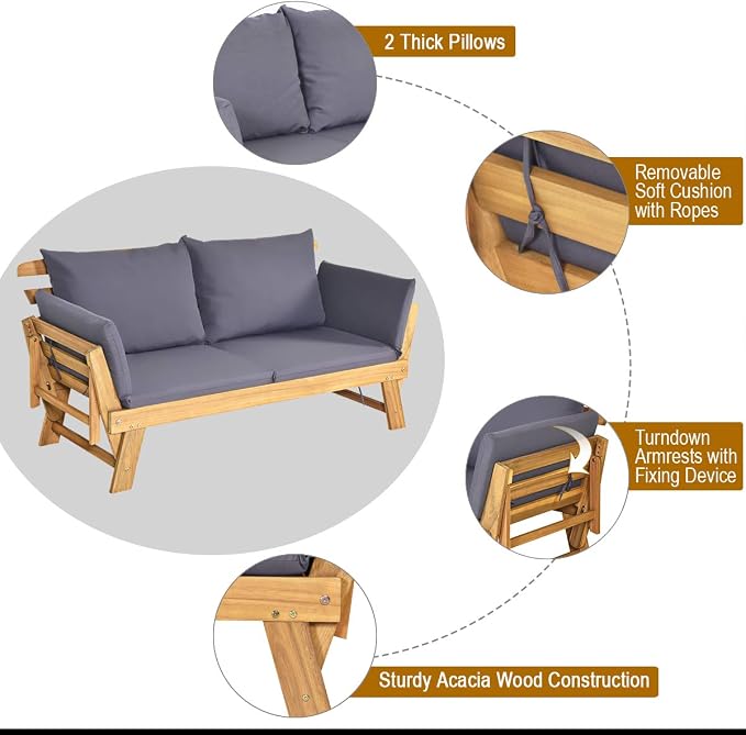 Tangkula Convertible Acacia Wood Patio Couch Sofa Bed - Image 8