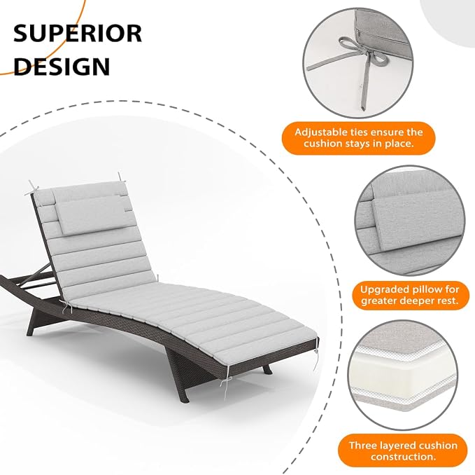 Sundale Outdoor Olefin Quilted Lounge Cushion Set of 2, Patio Foldable Chaise - Image 4