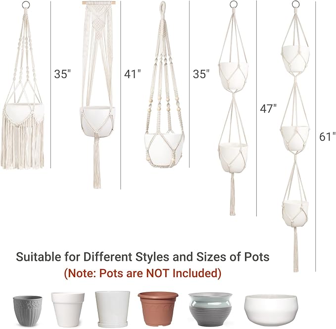 Mkono Macrame Plant Hangers, 5 Pack Different Tiers Indoor Hanging Planters - Image 2
