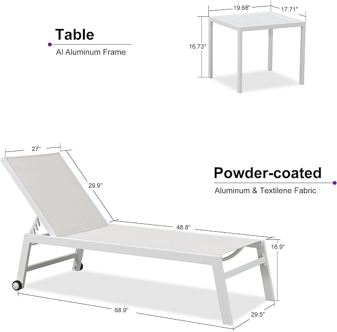 PURPLE LEAF Oversize Chaise Lounge Chair Outdoor 2 Pieces White Aluminum Lounge - Image 2