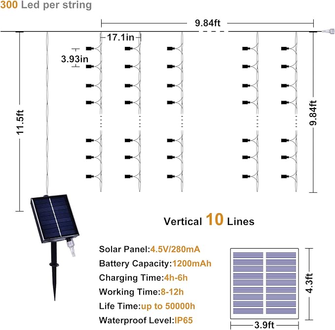 300 LED Solar Curtain Lights Outdoor Indoor Solar Christmas Lights Fairy Window - Image 7