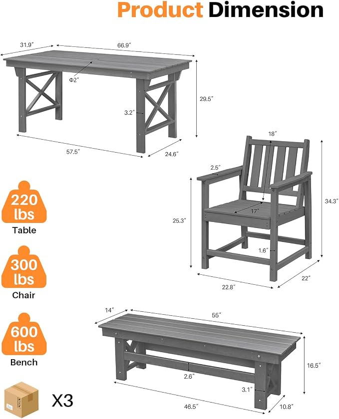 HDPE Outdoor Dining Set of 6, Patio Dining Table Set - Image 3