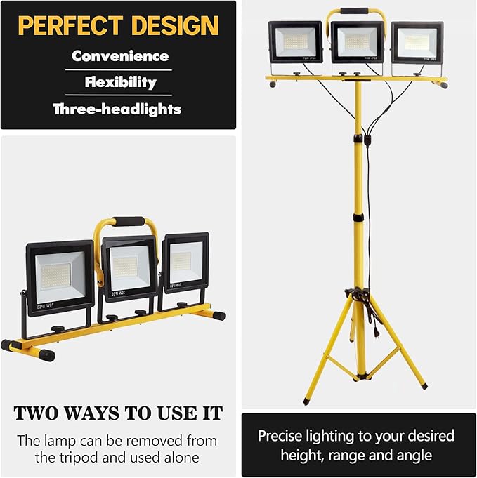 22000 Lumen Work Lights with Stand, 3 Head Portable LED Work Light, with - Image 4
