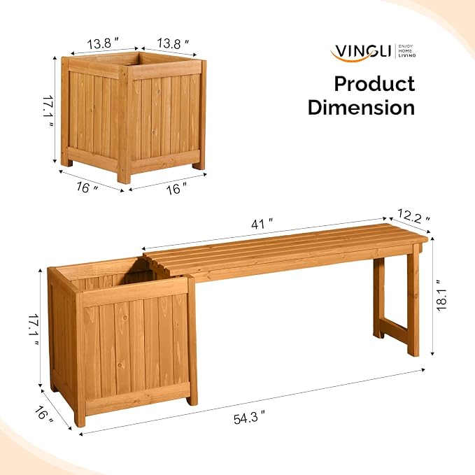 VINGLI Outdoor Wood Bench with Planter Boxes, 2-in-1 All-Weather Porch Bench - Image 3