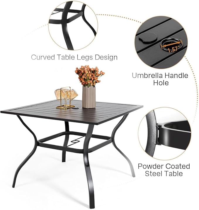 5 Piece Patio Dining Set, Outdoor Black Sling Stackable Chairs and 35" Square - Image 3