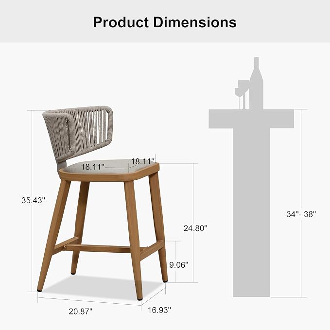 PURPLE LEAF Outdoor Counter Height Bar Stool Set of 2 Modern Rattan Bar Chairs - Image 8