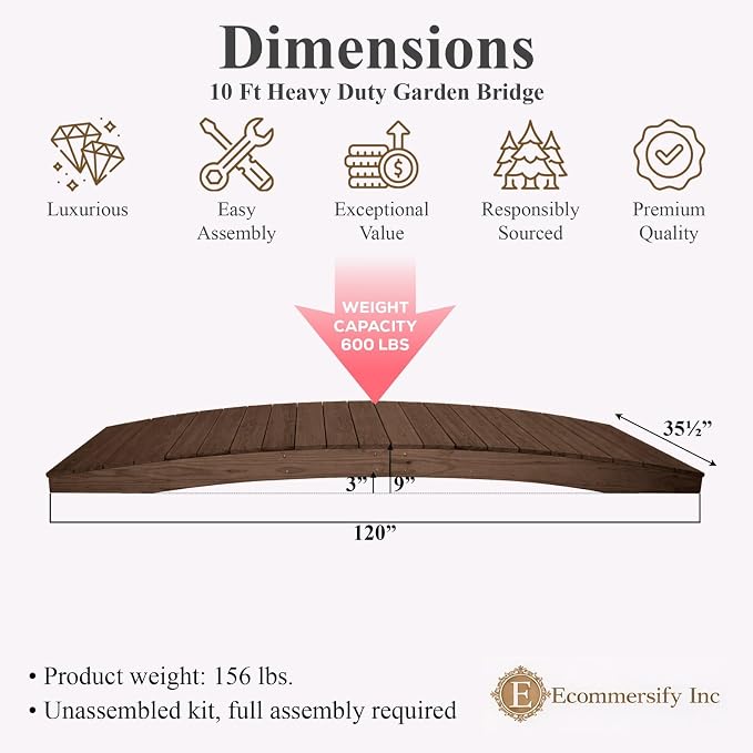 10 FT WALNUT Amish Made Pinewood Heavy Duty Garden Bridge - Image 2